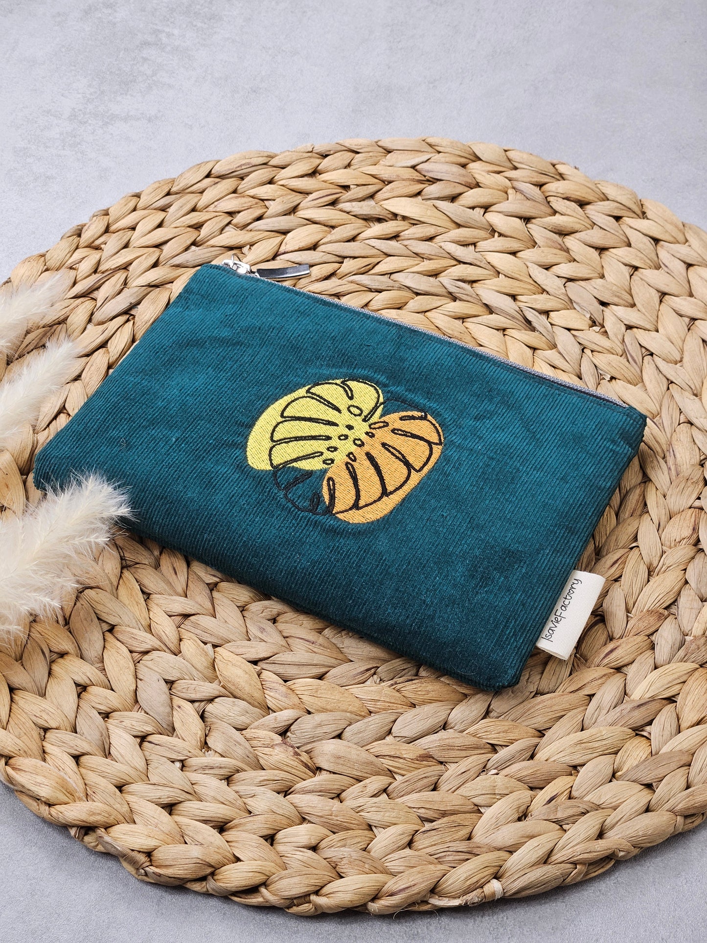 Kosmetiktasche Feincord mit Monsterastickerei