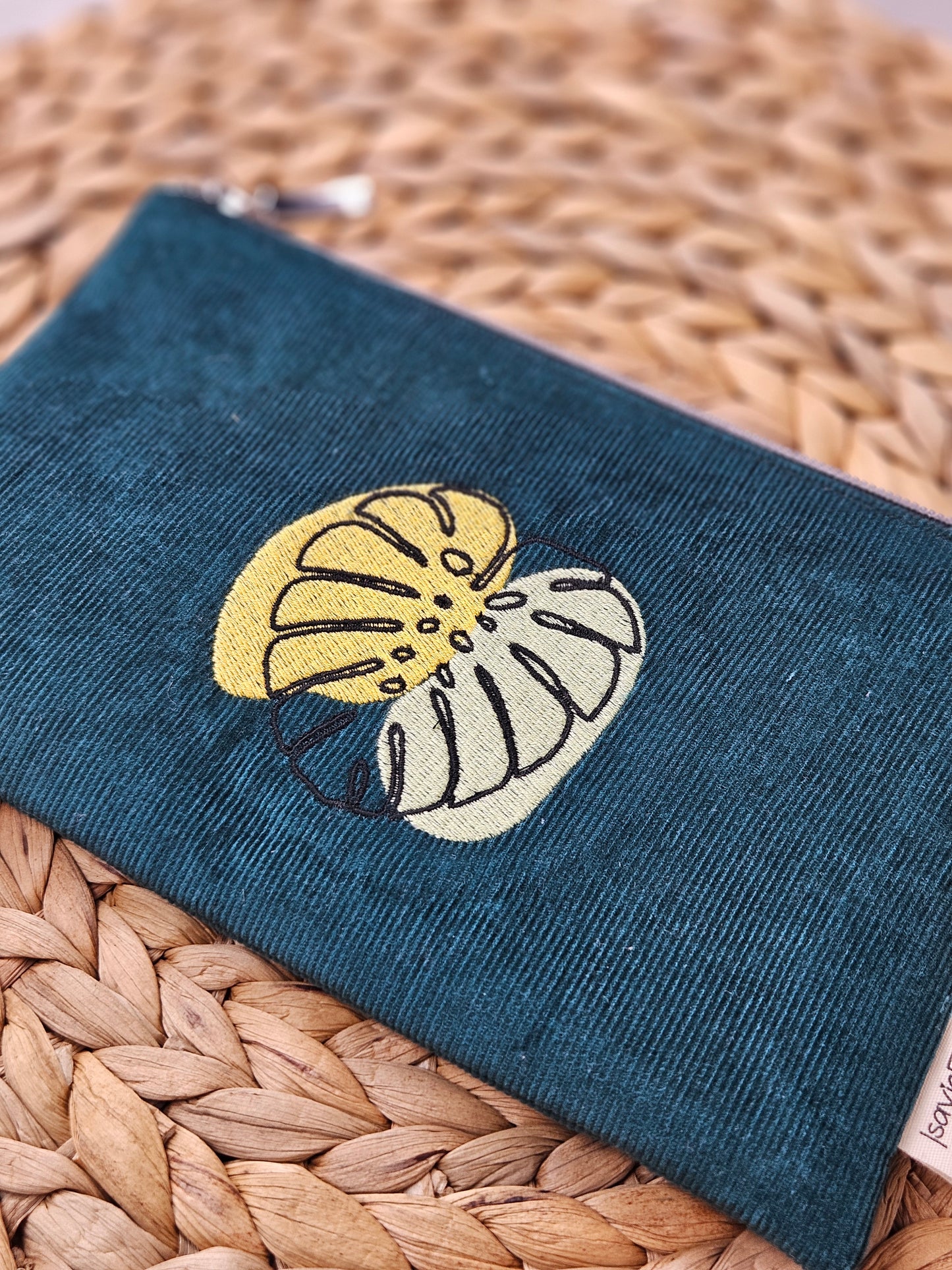 Kosmetiktasche Feincord mit Monsterastickerei