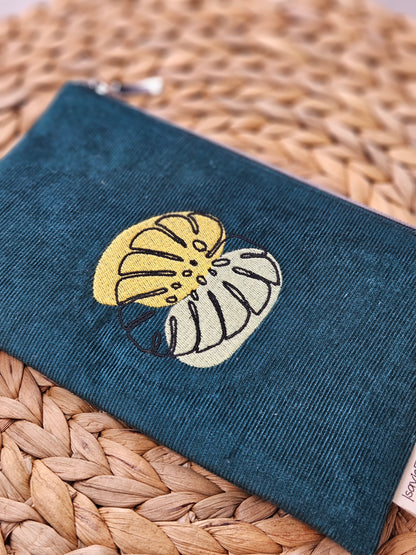 Kosmetiktasche Feincord mit Monsterastickerei