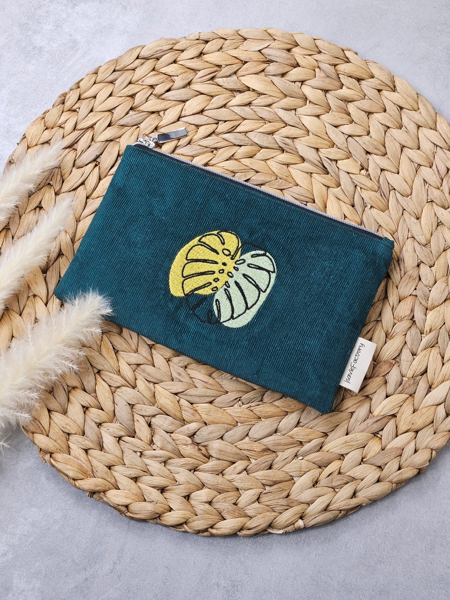 Kosmetiktasche Feincord mit Monsterastickerei