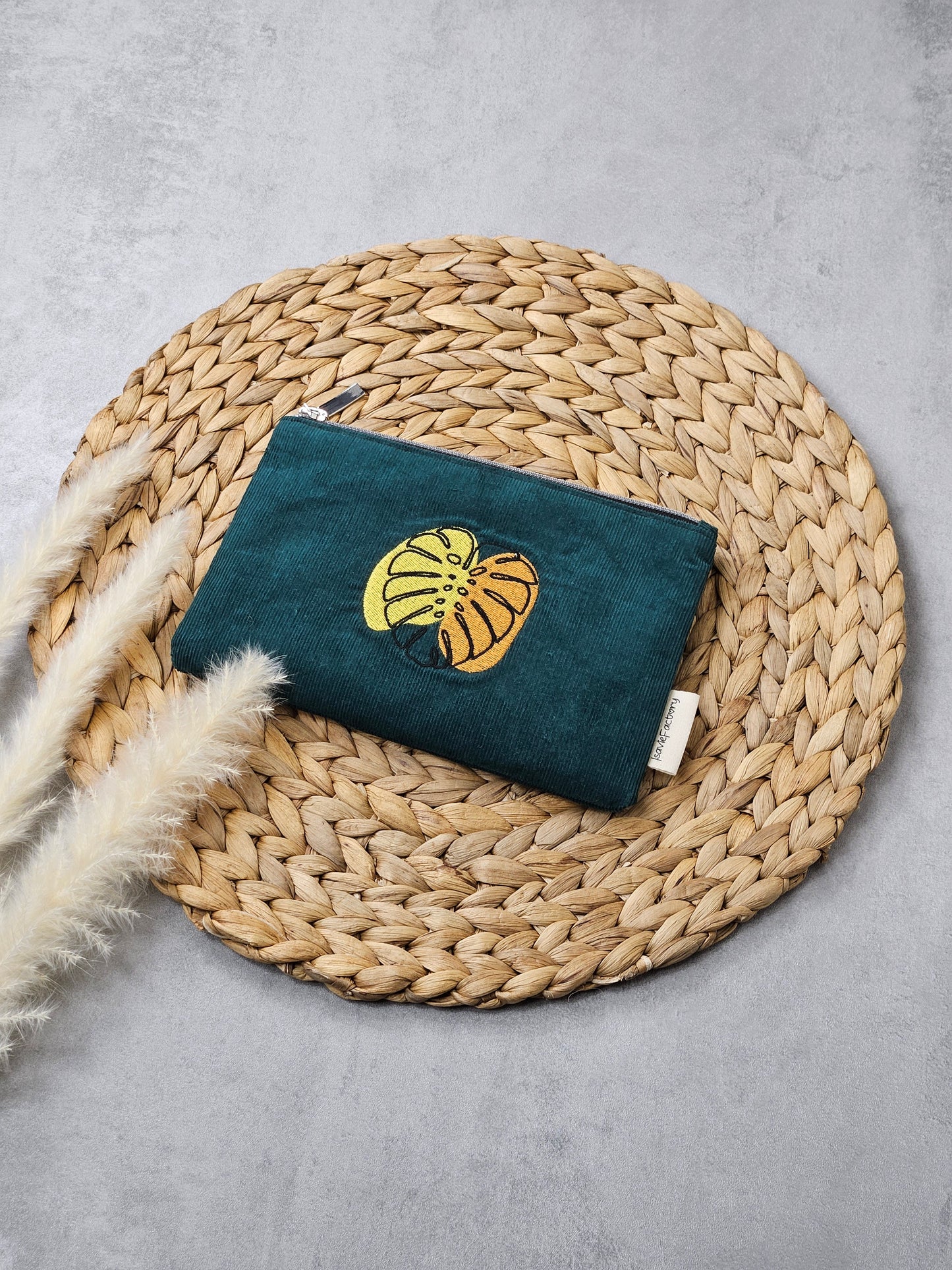 Kosmetiktasche Feincord mit Monsterastickerei