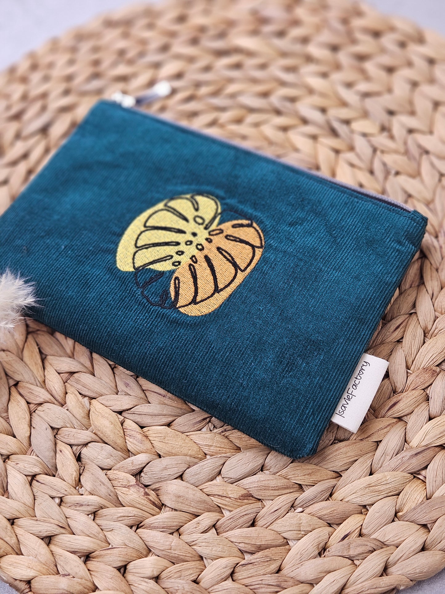 Kosmetiktasche Feincord mit Monsterastickerei