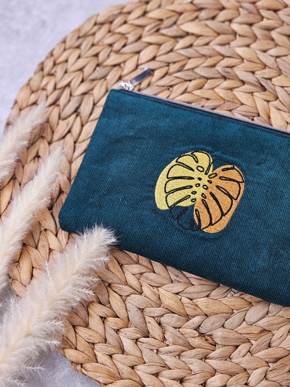 Kosmetiktasche Feincord mit Monsterastickerei