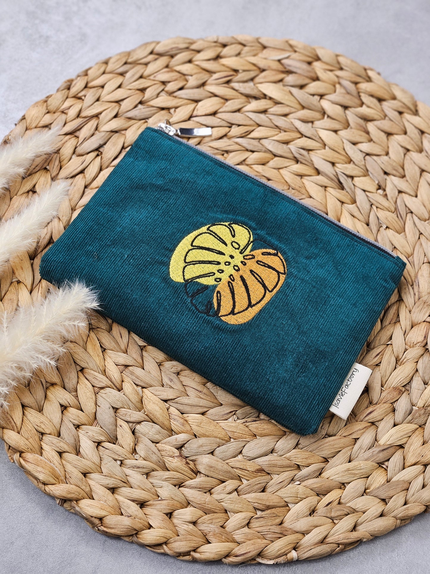 Kosmetiktasche Feincord mit Monsterastickerei