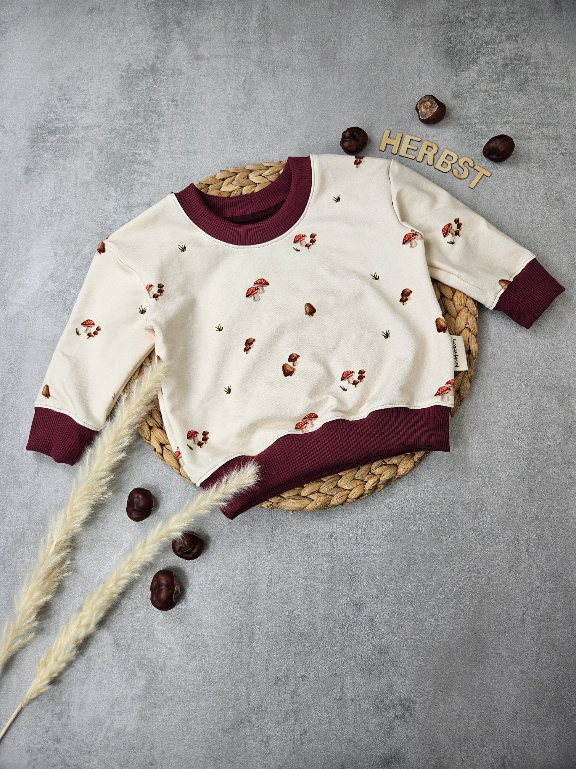 Kinderpullover mit beigem Pilzmotivstoff und dunkelroten Bündchen
