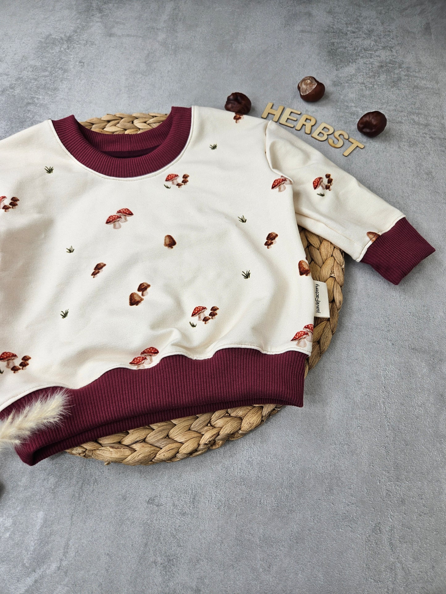 Heller Kindersweater mit dezentem Pilzmotiv und weinroten Bündchen