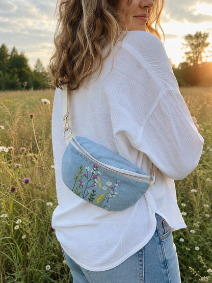Hier sieht man ein Tragebild der blauen Crossbodybag mit Blumenstickerei. Die Farben sind dezent gehalten und sind verschieden kombinierbar. 